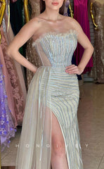 L1612 - Sexy Fitted Glitter Sweetheart Sleeveless Empire Ruched With Side Slit Party Prom Evening Dress