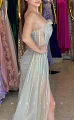 L1612 - Sexy Fitted Glitter Sweetheart Sleeveless Empire Ruched With Side Slit Party Prom Evening Dress