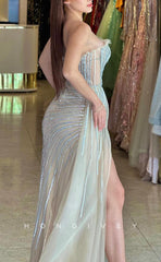 L1612 - Sexy Fitted Glitter Sweetheart Sleeveless Empire Ruched With Side Slit Party Prom Evening Dress
