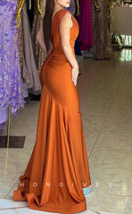 L1613 - Sexy Satin Fitted Plunging V-Neck Empire Ruched With Train Party Prom Evening Dress