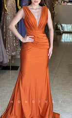 L1613 - Sexy Satin Fitted Plunging V-Neck Empire Ruched With Train Party Prom Evening Dress