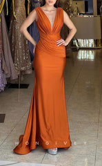L1613 - Sexy Satin Fitted Plunging V-Neck Empire Ruched With Train Party Prom Evening Dress
