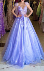 L1614 - Chic A-Line Illusion V-Neck Spaghetti Straps Bowknot Appliques Party Prom Evening Dress
