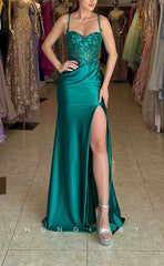 L1615 - Sexy Fitted Satin Sweetheart Spaghetti Straps Appliques With Side Slit Party Prom Evening Dress