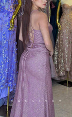 L1616 - Sexy Fitted Glitter Asymmetrical Spaghetti Straps Pleats With Side Slit Party Prom Evening Dress
