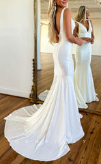 L1618 - Sexy Fitted Satin Plunging V-Neck Straps Fully Beaded With Train Party Prom Evening Dress