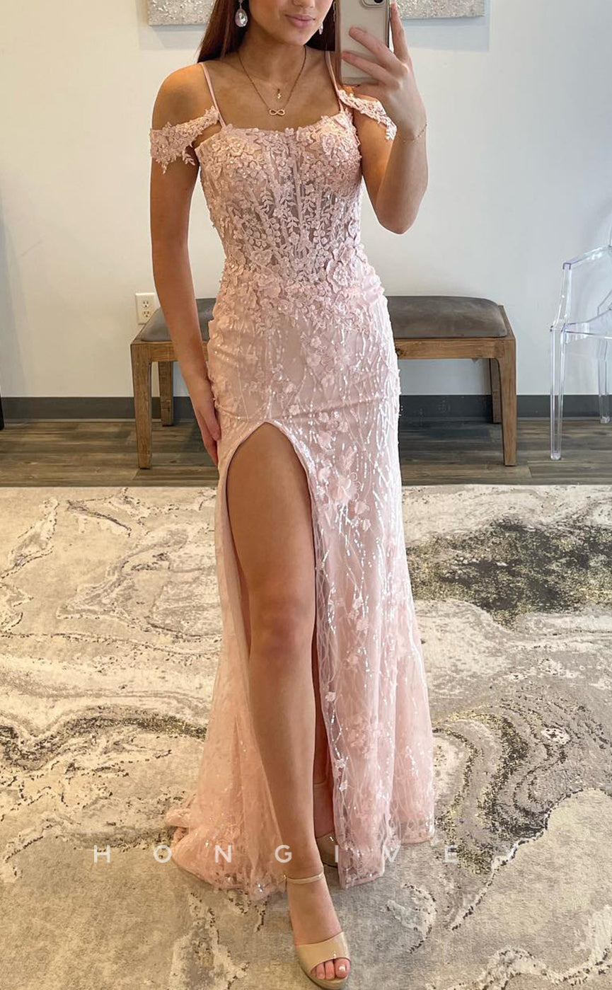 L1620 - Sexy Fitted Illusion Satin Off-Shoulder Straps Appliques Empire With Side Slit Party Prom Evening Dress
