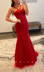 L1621 - Sexy Red Satin Trumpt Halter Sleeveless Empire Appliques Party Prom Evening Dress