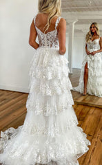 L1622 - Sexy A-Line Glitter Illusion Sweetheart Spaghetti Straps Tiered With Side Slit Party Prom Evening Dress