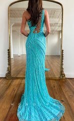 L1627 - Sexy Satin Glitter One Shoulder Fully Sequined With Side Slit Party Prom Evening Dress