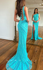L1627 - Sexy Satin Glitter One Shoulder Fully Sequined With Side Slit Party Prom Evening Dress