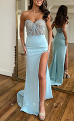 L1628 - Sexy Fitted Satin Glitter Sweetheart Strapless Sleeveless Empire With Side Slit Party Prom Evening Dress