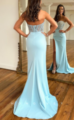 L1628 - Sexy Fitted Satin Glitter Sweetheart Strapless Sleeveless Empire With Side Slit Party Prom Evening Dress