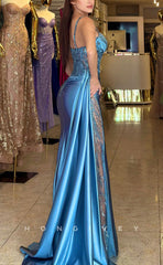 L1629 - Sexy Satin Fitted Plunging V-Neck Spaghetti Straps Empire Ruched With Train Party Prom Evening Dress
