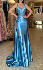 L1629 - Sexy Satin Fitted Plunging V-Neck Spaghetti Straps Empire Ruched With Train Party Prom Evening Dress