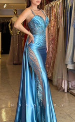 L1629 - Sexy Satin Fitted Plunging V-Neck Spaghetti Straps Empire Ruched With Train Party Prom Evening Dress