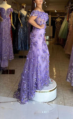 L1630 - Sexy Fitted Glitter Illusion Off-Shoulder Floral Embossed With Side Slit Party Prom Evening Dress