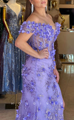 L1630 - Sexy Fitted Glitter Illusion Off-Shoulder Floral Embossed With Side Slit Party Prom Evening Dress