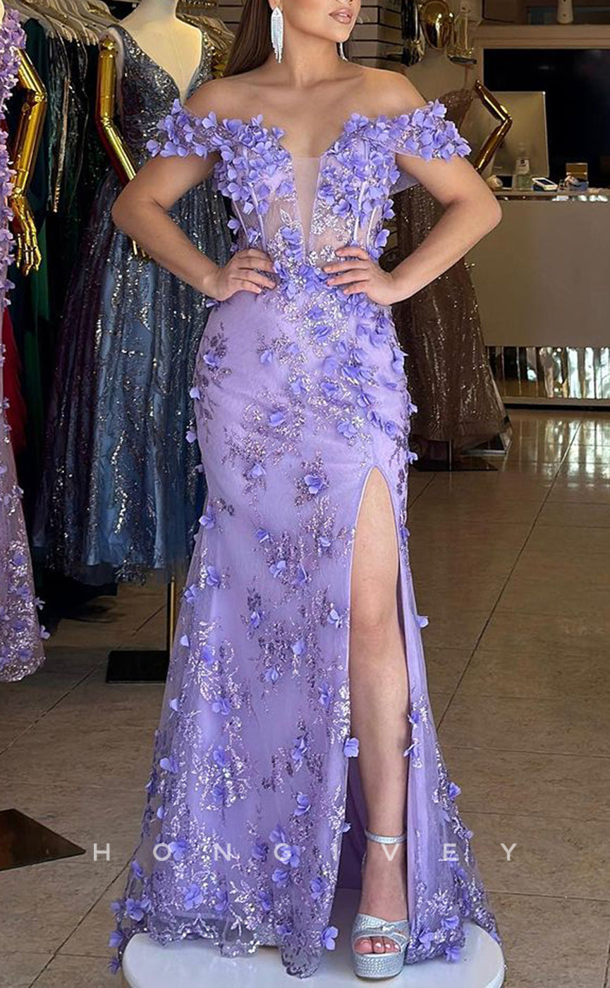 L1630 - Sexy Fitted Glitter Illusion Off-Shoulder Floral Embossed With Side Slit Party Prom Evening Dress
