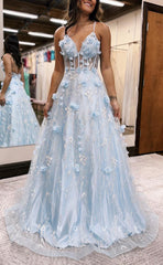 L1641 - Sexy A-Line Illusion V-Neck Spaghetti Straps Floral Embossed Party Prom Evening Dress