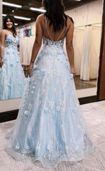 L1641 - Sexy A-Line Illusion V-Neck Spaghetti Straps Floral Embossed Party Prom Evening Dress
