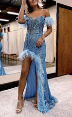 L1645 - Sexy Fitted Glitter Off-Shoulder Appliques Feathers Witn Train Party Prom Evening Dress