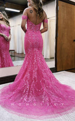 L1646 - Sexy Fitted Glitter Off-Shoulder Appliques With Train Party Prom Evening Dress