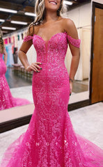 L1646 - Sexy Fitted Glitter Off-Shoulder Appliques With Train Party Prom Evening Dress