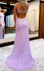 L1647 - Sexy Satin Glitter V-Neck Spaghetti Straps Fully Beaded Illusion With Side Slit Party Prom Evening Dress