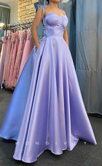 L1649 - Sexy A-Line Satin Sweetheart Spaghetti Straps Empire With Pockets Party Prom Evening Dress