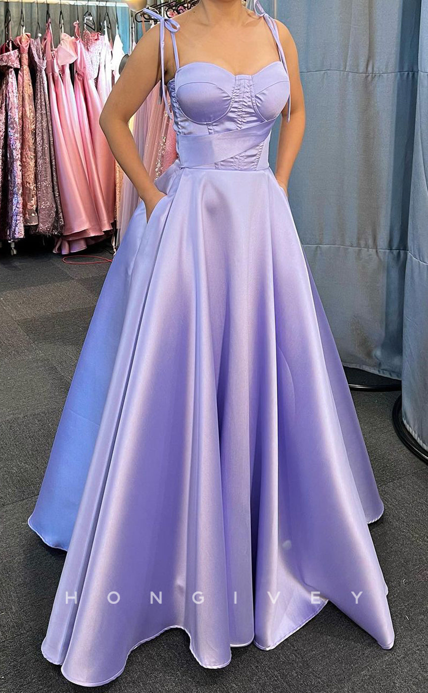 L1649 - Sexy A-Line Satin Sweetheart Spaghetti Straps Empire With Pockets Party Prom Evening Dress