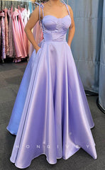 L1649 - Sexy A-Line Satin Sweetheart Spaghetti Straps Empire With Pockets Party Prom Evening Dress