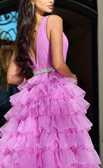 L1650 - SexyA-Line Tulle Plunging  V-Neck Straps Empire Tiered Party Prom Evening Dress