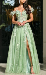 L1651 - Sexy A-Line Satin Off-Shoulder Empire Feathers Appliques With Side Slit Party Prom Evening Dress