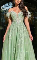 L1651 - Sexy A-Line Satin Off-Shoulder Empire Feathers Appliques With Side Slit Party Prom Evening Dress