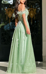 L1651 - Sexy A-Line Satin Off-Shoulder Empire Feathers Appliques With Side Slit Party Prom Evening Dress