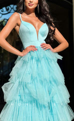 L1652 - Sexy A-Line Tulle V-Neck Spaghetti Straps Empire Tiered With Side Slit Party Prom Evening Dress