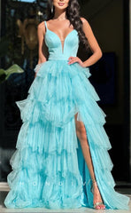 L1652 - Sexy A-Line Tulle V-Neck Spaghetti Straps Empire Tiered With Side Slit Party Prom Evening Dress