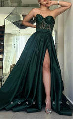 L1658 - Sexy A-Line Satin Illusion Sweetheart Strapless Gloves Empire With Side Slit Party Prom Evening Dress