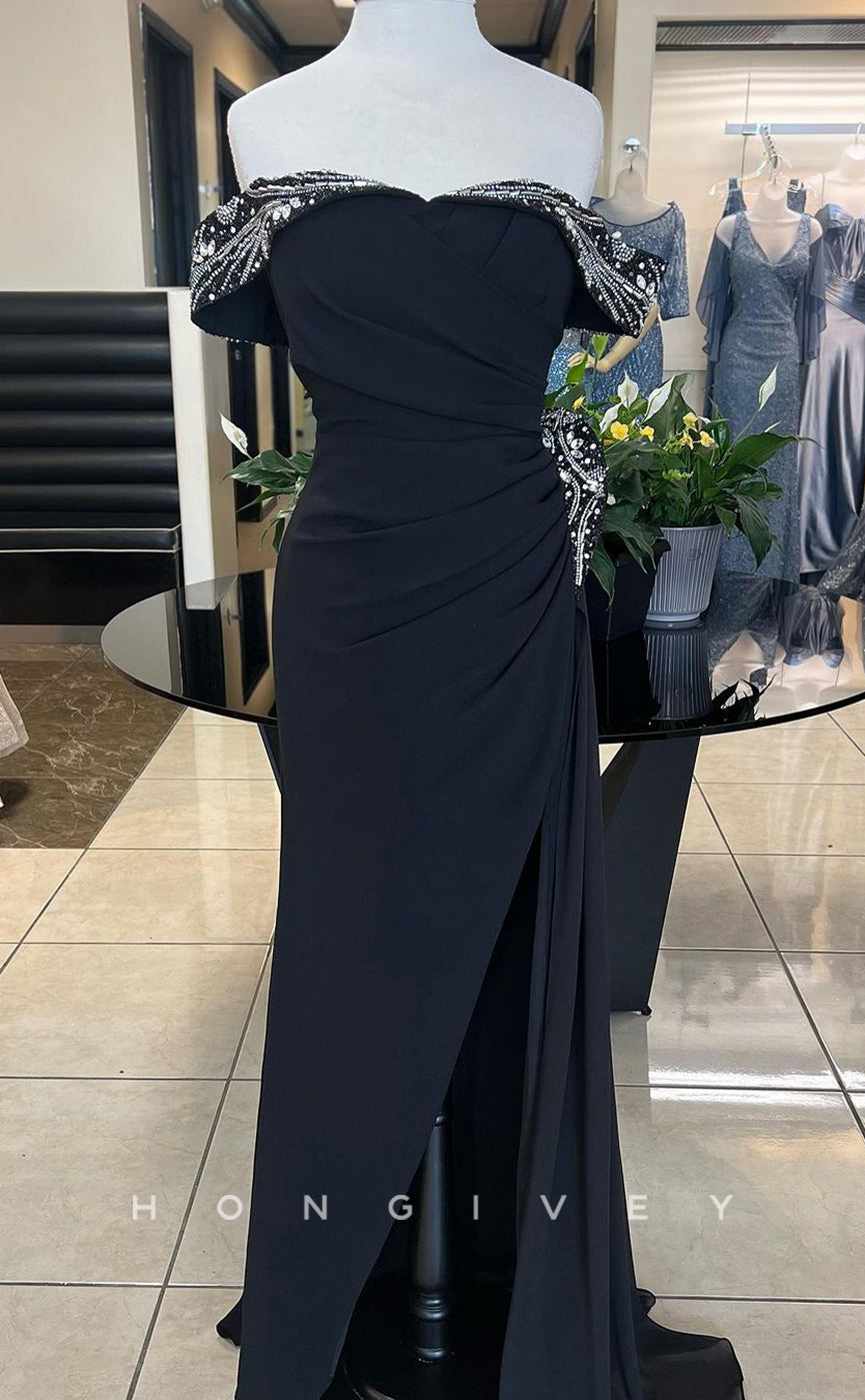 L1661 - Sexy Fitted Satin Off-Shoulder Empire Ruched With Side Slit Party Prom Evening Dress