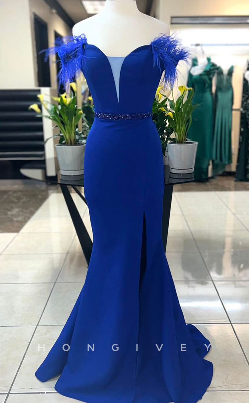 L1662 - Sexy Trmpt Satin Off-Shoulder Empire Feathers Beaded Party Prom Evening Dress
