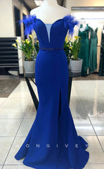 L1662 - Sexy Trmpt Satin Off-Shoulder Empire Feathers Beaded Party Prom Evening Dress