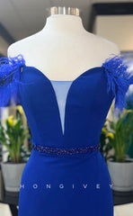 L1662 - Sexy Trmpt Satin Off-Shoulder Empire Feathers Beaded Party Prom Evening Dress