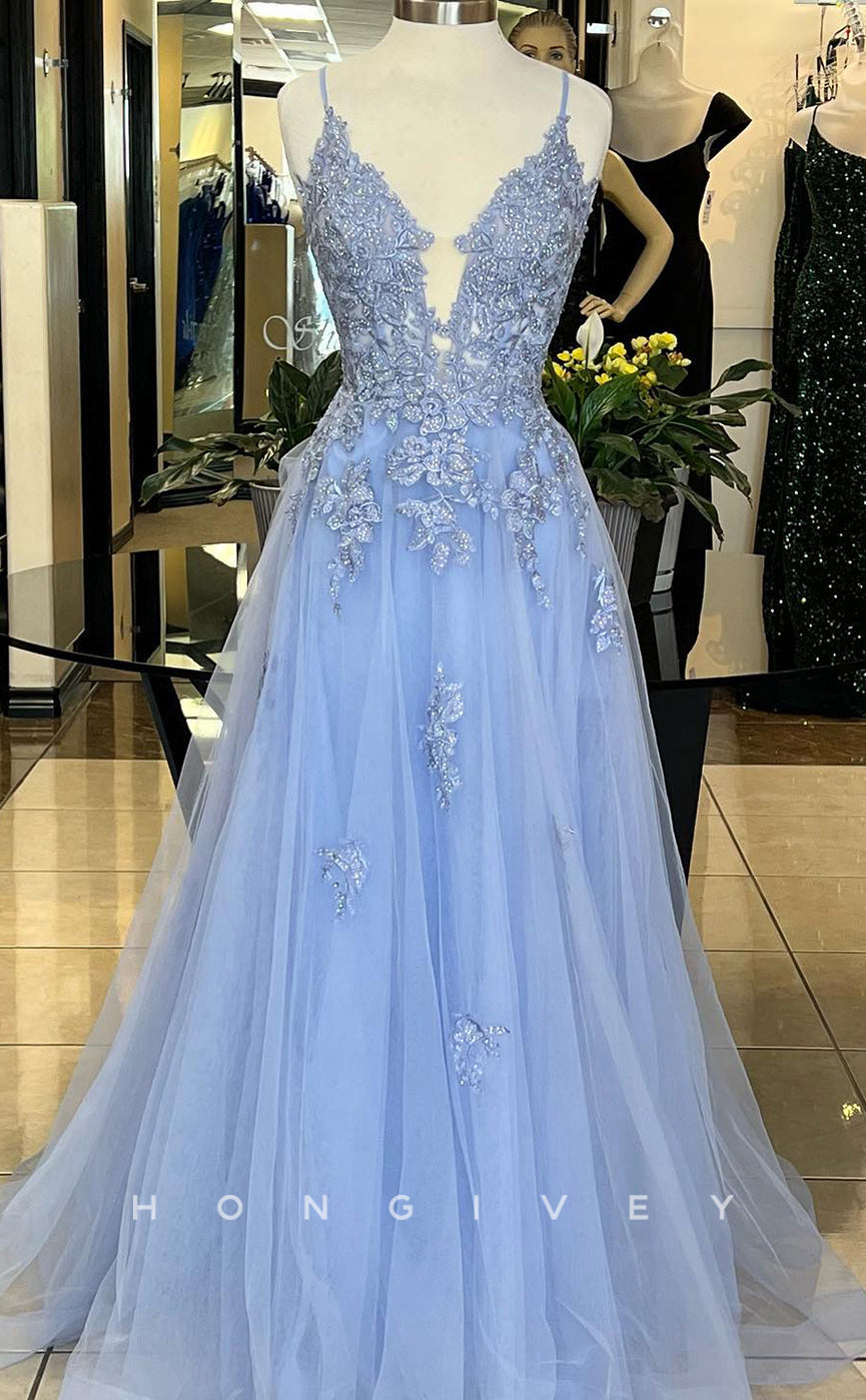 L1663 - Sexy Tulle A-Line V-Neck Spaghetti Straps Empire Appliques Party Prom Evening Dress