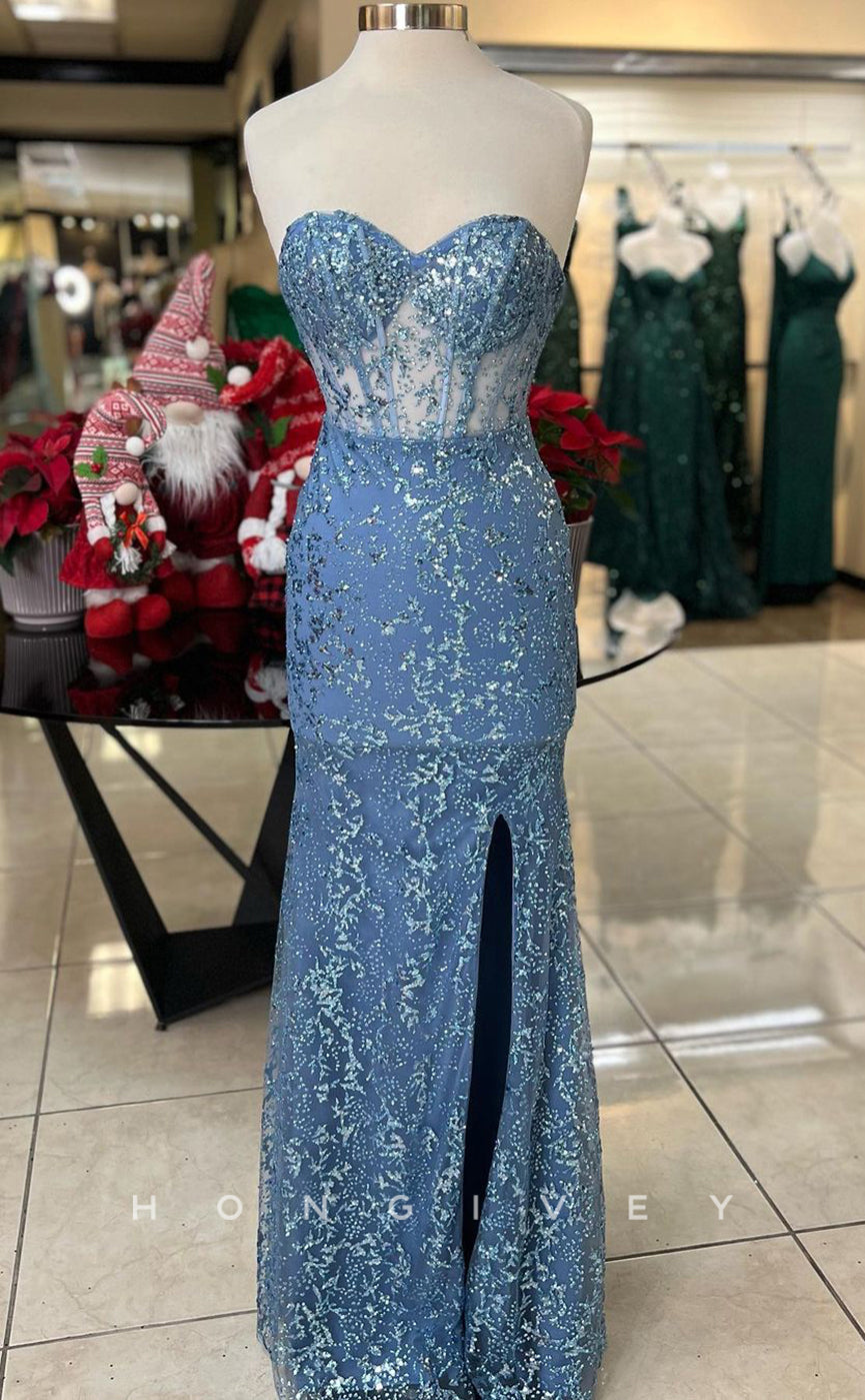 L1665 - Sexy Fitted Satin Glitter Sweetheart Strapless Illusion Empire With Side Slit Party Prom Evening Dress