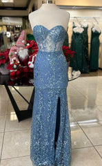 L1665 - Sexy Fitted Satin Glitter Sweetheart Strapless Illusion Empire With Side Slit Party Prom Evening Dress