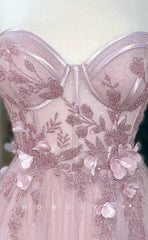 L1666 - Sexy Tulle A-Line Glitter Sweetheart Strapless Empire Appliques Party Prom Evening Dress