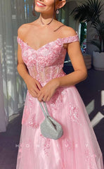 L1668 - Sexy A-Line Tulle Off-Shoulder Illusion Empire Appliques With Side Slit Party Prom Evening Dress