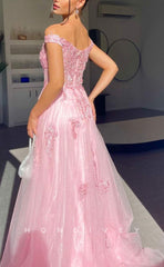 L1668 - Sexy A-Line Tulle Off-Shoulder Illusion Empire Appliques With Side Slit Party Prom Evening Dress
