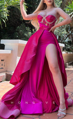 L1670 - Sexy A-Line Satin Sweetheart Strapless Empire With Side Slit Train Party Prom Evening Dress
